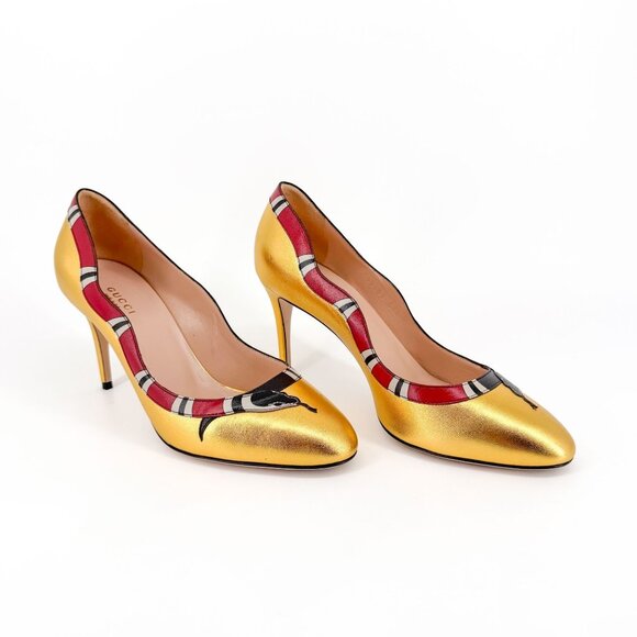 Gucci Yoko Snake Gold Metallic Leather Pumps High Heels Shoes Size 38.5 US 8.5 - Picture 1 of 16